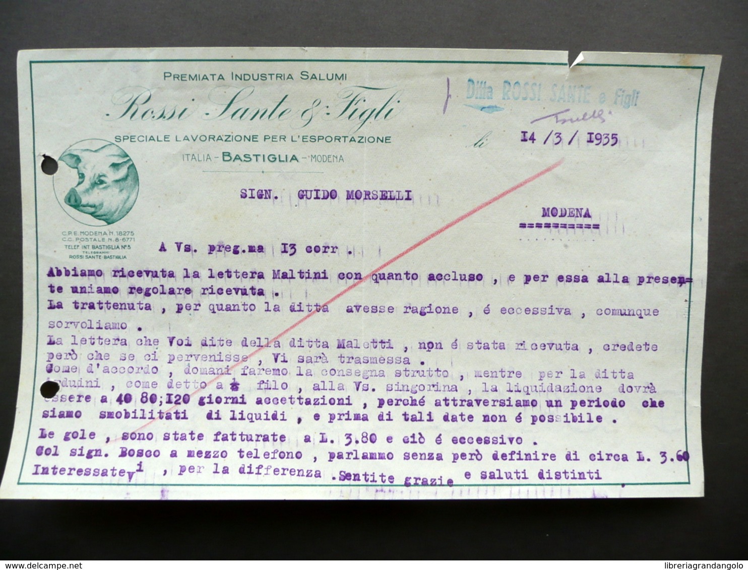 Fattura Rossi Sante E Figli Bastiglia Modena Industria Salumi 14/3/1935 - Non Classificati