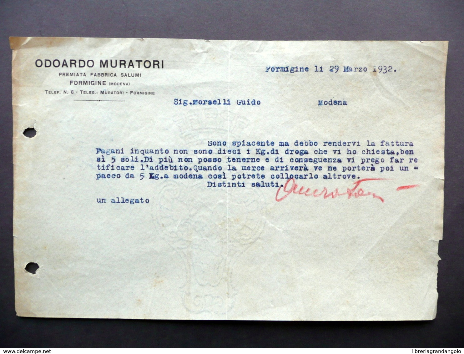 Fattura Odoardo Muratori Premiata Fabbrica Salumi Formigine Modena 1932 - Non Classificati