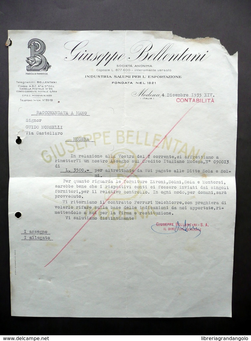 Fattura Giuseppe Bellentani Salumi Per Esportazione Modena 4/12/1935 - Non Classificati