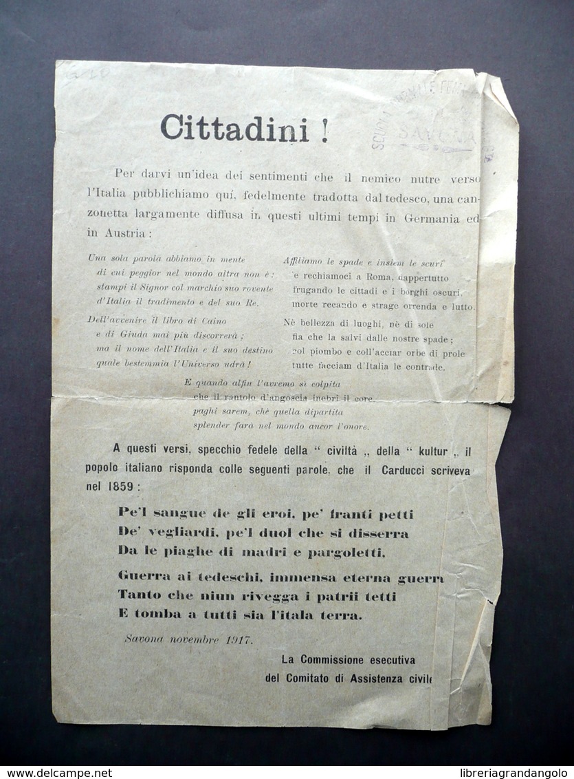 Volantino Cittadini! Savona Novembre 1917 Propaganda WW1 Assitenza Civile - Non Classificati