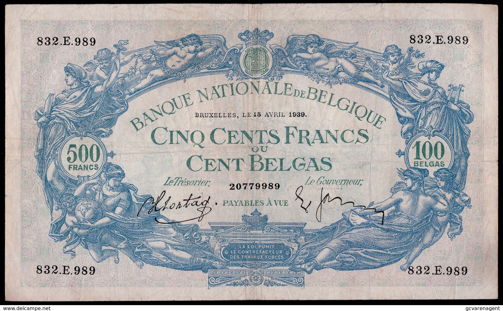 500 FRANK OF HONDERD BELGA  15 AVRIL 1939   MOOIE STAAT    2 SCANS  - - 500 Francs-100 Belgas