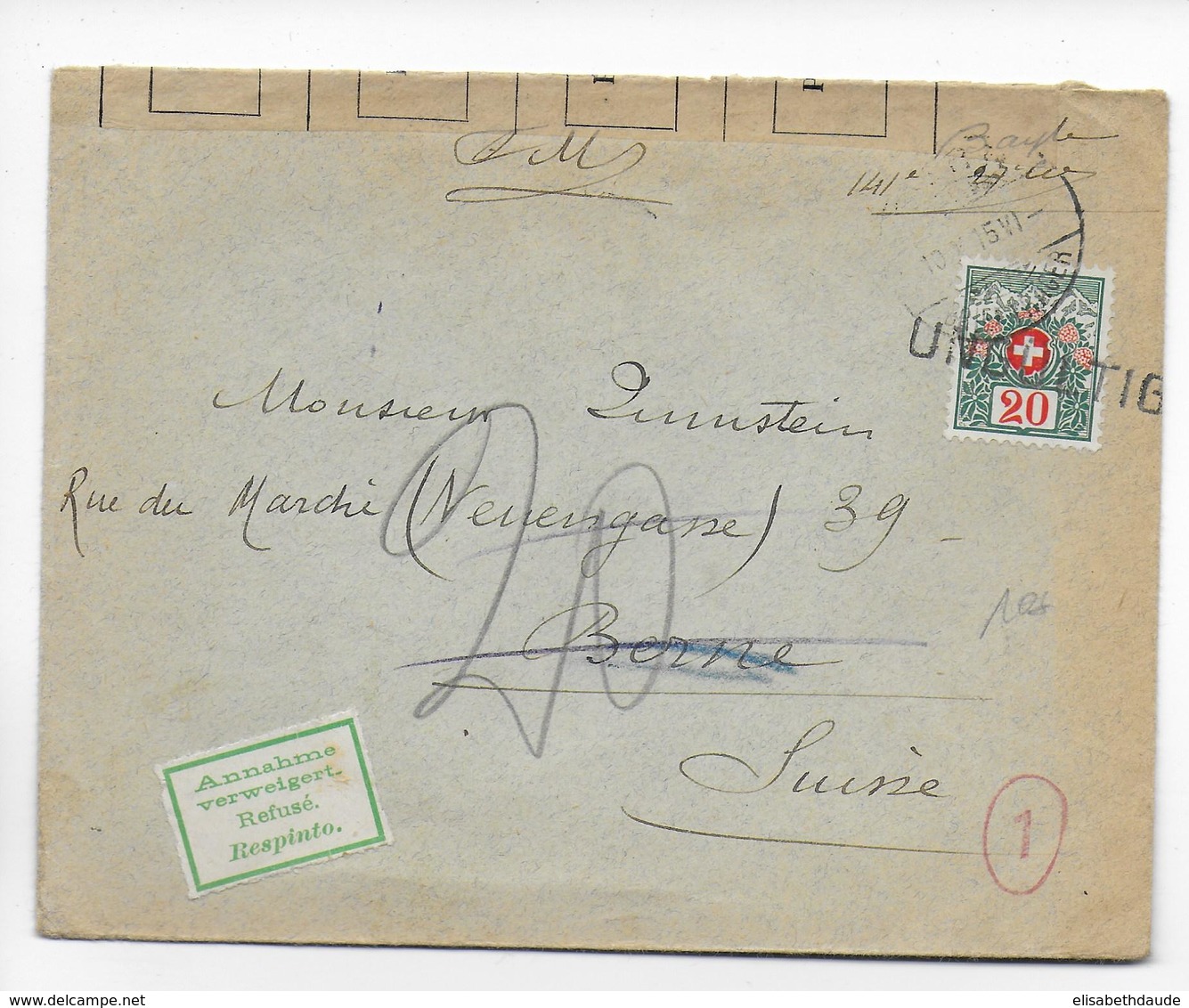 1915 - ENVELOPPE FM Du 141°RI CENSUREE => BERN (SUISSE) SANS COMPLEMENT =>TAXE => REFUSEE => UNGÜLTIG (ANNULATION) - Poststempel