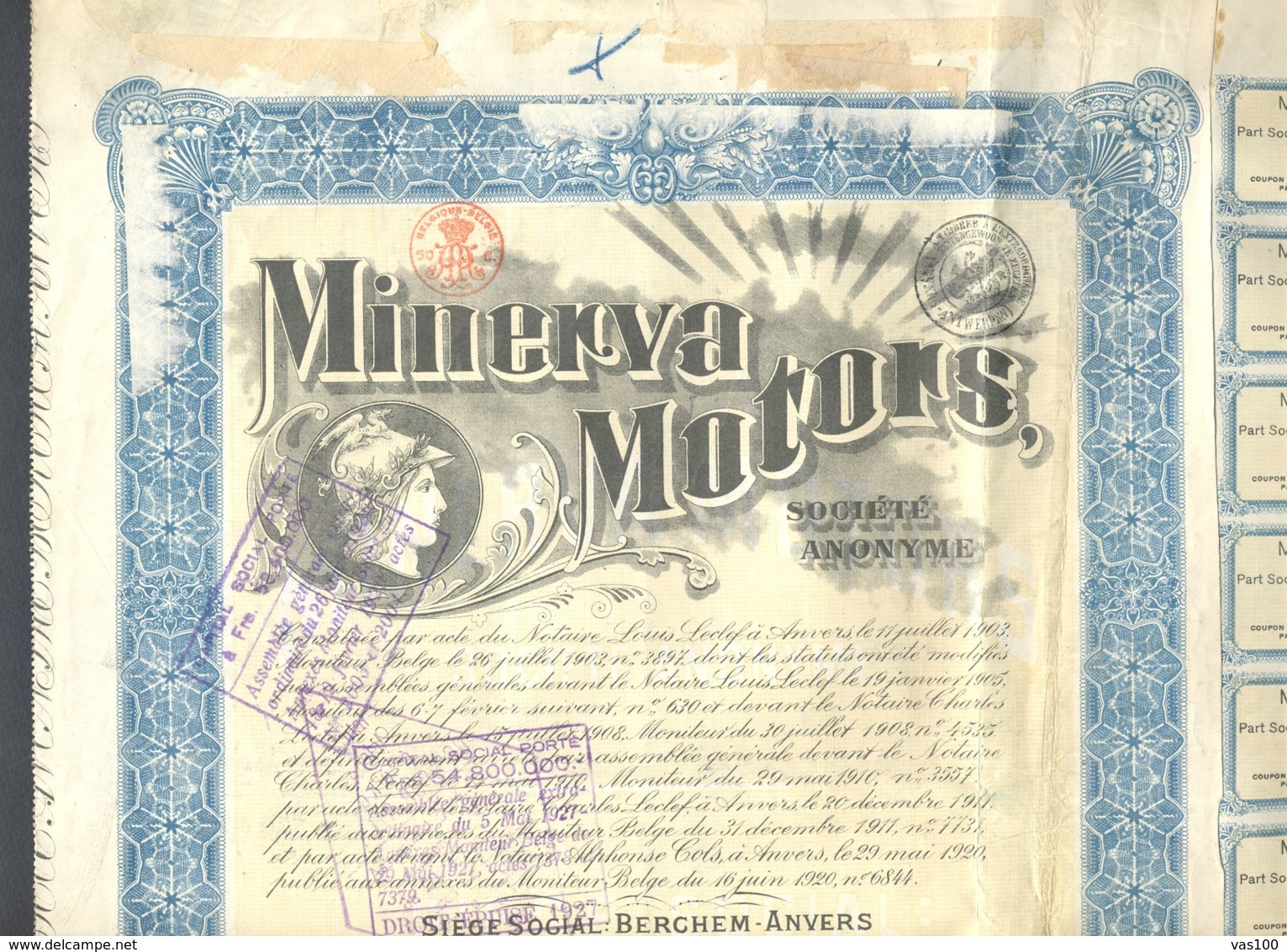 SHAREHOLDINGS, MINERVA MOTORS SHARES, COUPONS, 1920, BELGIUM - Automobilismo