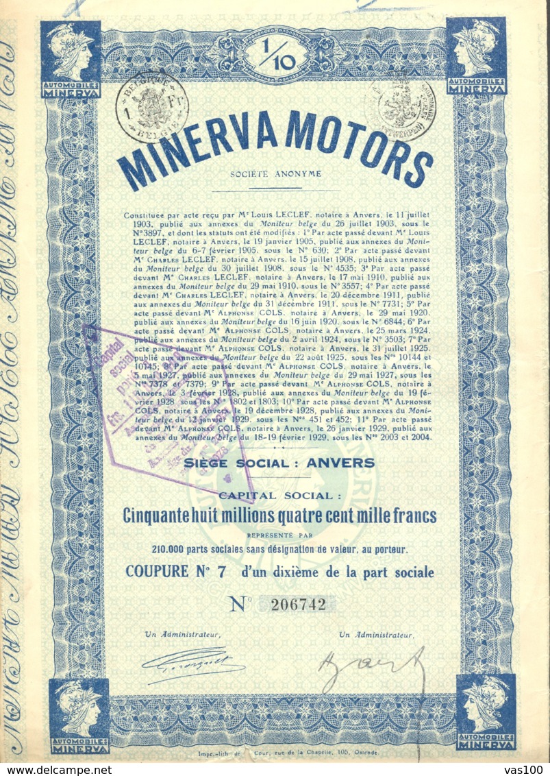 SHAREHOLDINGS, MINERVA MOTORS SHARES, COUPONS, 1929, BELGIUM - Automobil