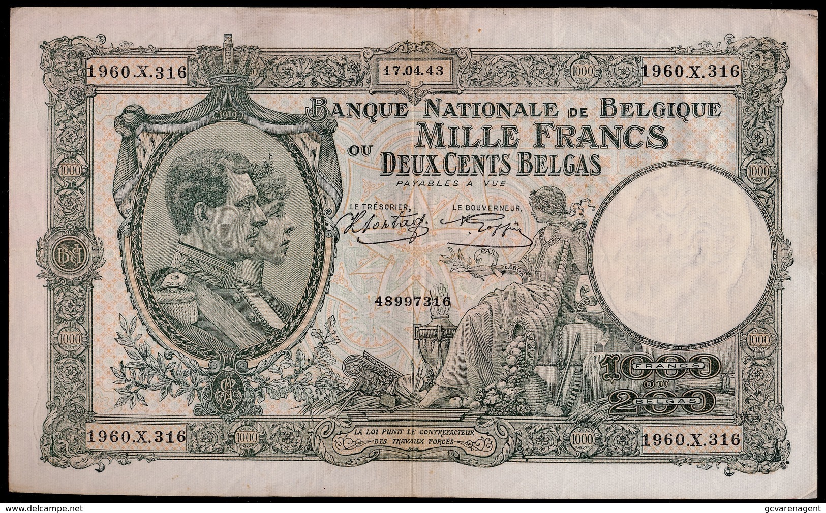 1000 FRANK OF 200 BELGA  15 AVRIL 17_04_43   MOOIE STAAT    2 SCANS  - - 1000 Francs & 1000 Francs-200 Belgas