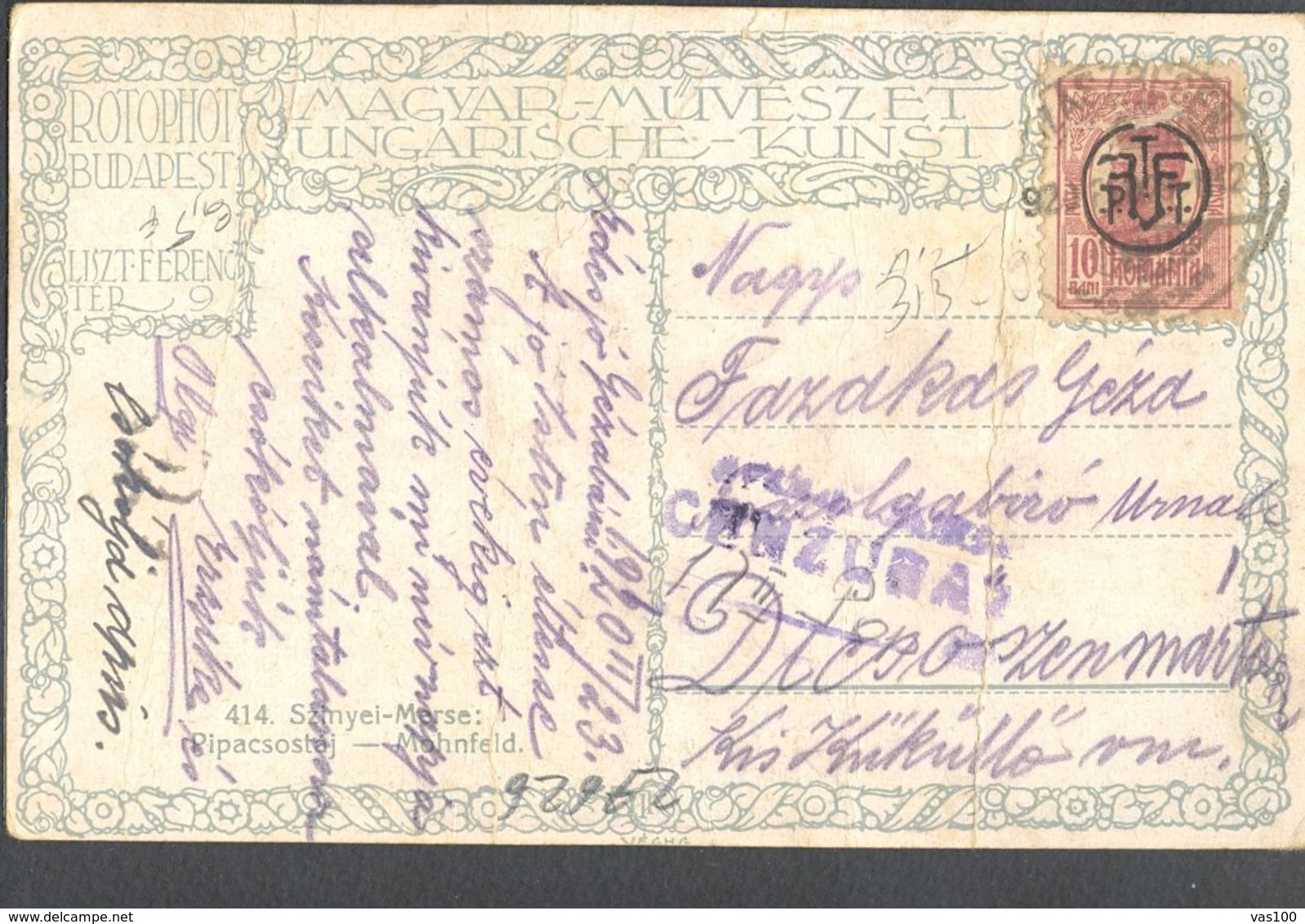 WW1 CENSORSHIP ON SZMYEI- POPPY FIELD PAINTING POSTCARD, 1920, ROMANIA - World War 1 Letters