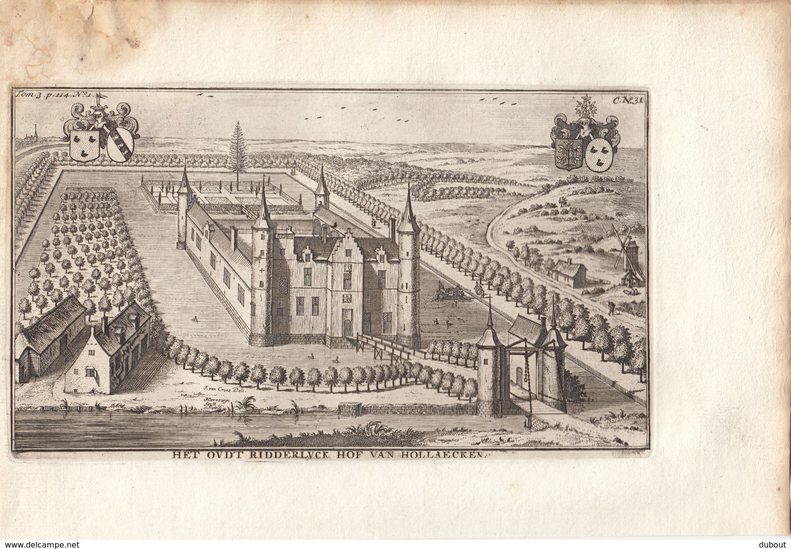 Originele Kopergravure Kasteel Van HOLLAKEN Bonheiden Rijmenam J.Le Roy Gegraveerd Door Harrewijn 18de Eeuw (J87) - Documents Historiques