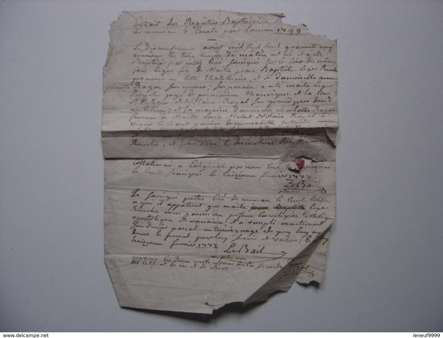 1749 Document Manuscrit EXTRAIT REGISTRE BAPTEME LA CHATELLENIE DE MONCEAUX Leger Reuche Sceau Tampon - Manuscrits