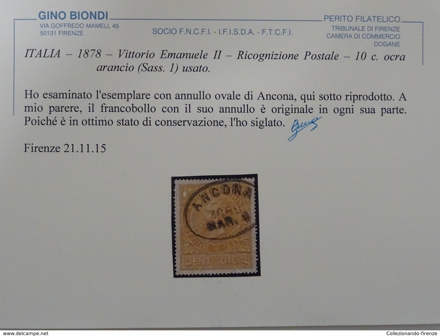 !SCONTI!  ITALIA 1878 Vittorio Emanuele II – Ricognizione Postale – 10c. Ocra Arancio (Sass. 1) Usato. - Usati