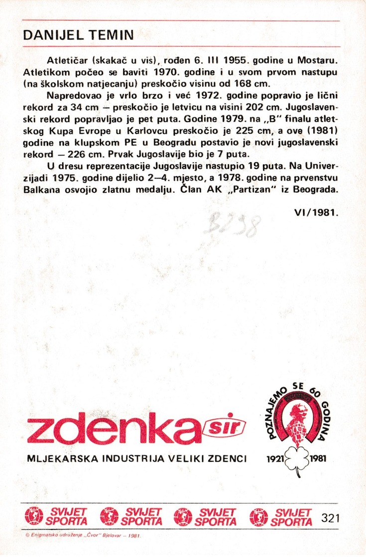 DANIJEL TEMIN CARD-SVIJET SPORTA (B298) - Athletics