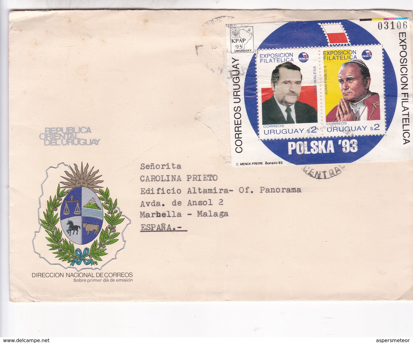 URUGUAY FDC: REICH WALESA JUAN PABLO STAMP BLOCK N°03106. CIRCULEE  A ESPAÑA 1993 RARE - BLEUP - Popes