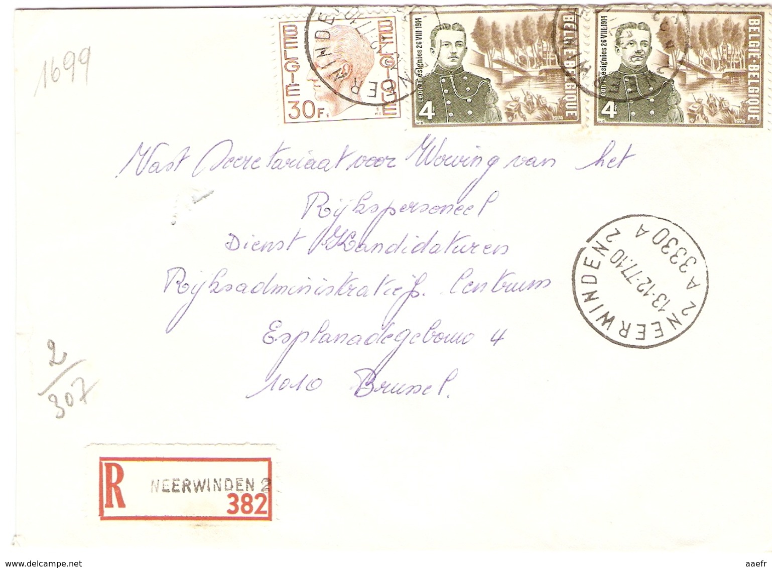 Belgique 1976 - Lettre Recommandée De NEERWINDEN - Brabant Flamand - Cob 1649/1726 X 2 - Lettres & Documents
