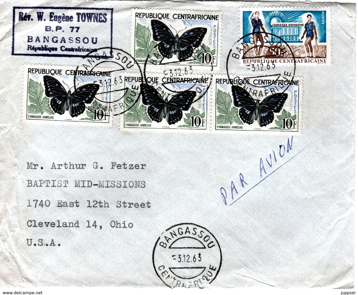 CENTRAL  AFRICA, Letter, ButterfIies   /    AFRIQUE  CENTRAL  Lettre,  Papillons  1963 - Farfalle
