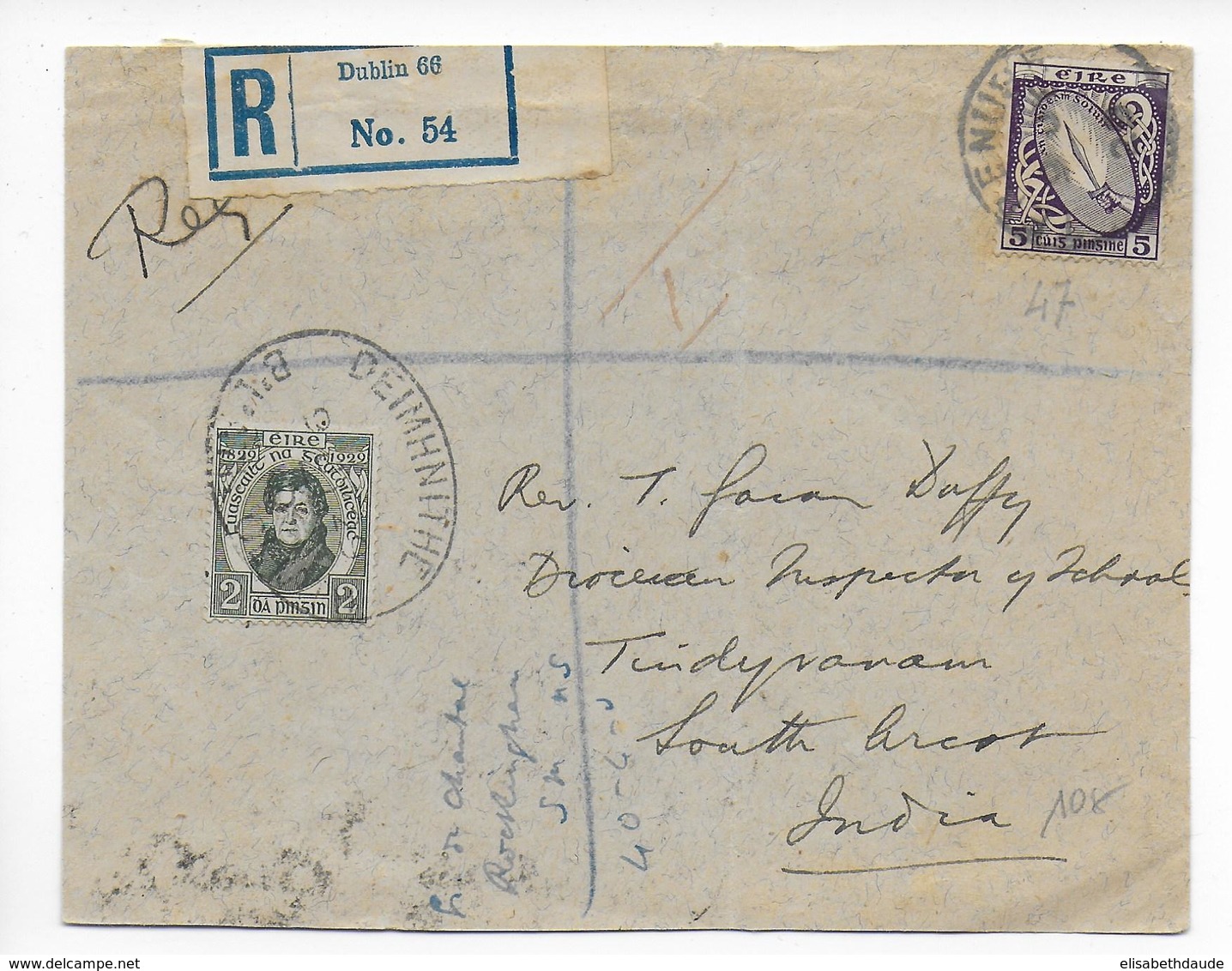 1929 - IRLANDE - DEVANT De LETTRE RECOMMANDEE De DUBLIN => INDIA - Lettres & Documents