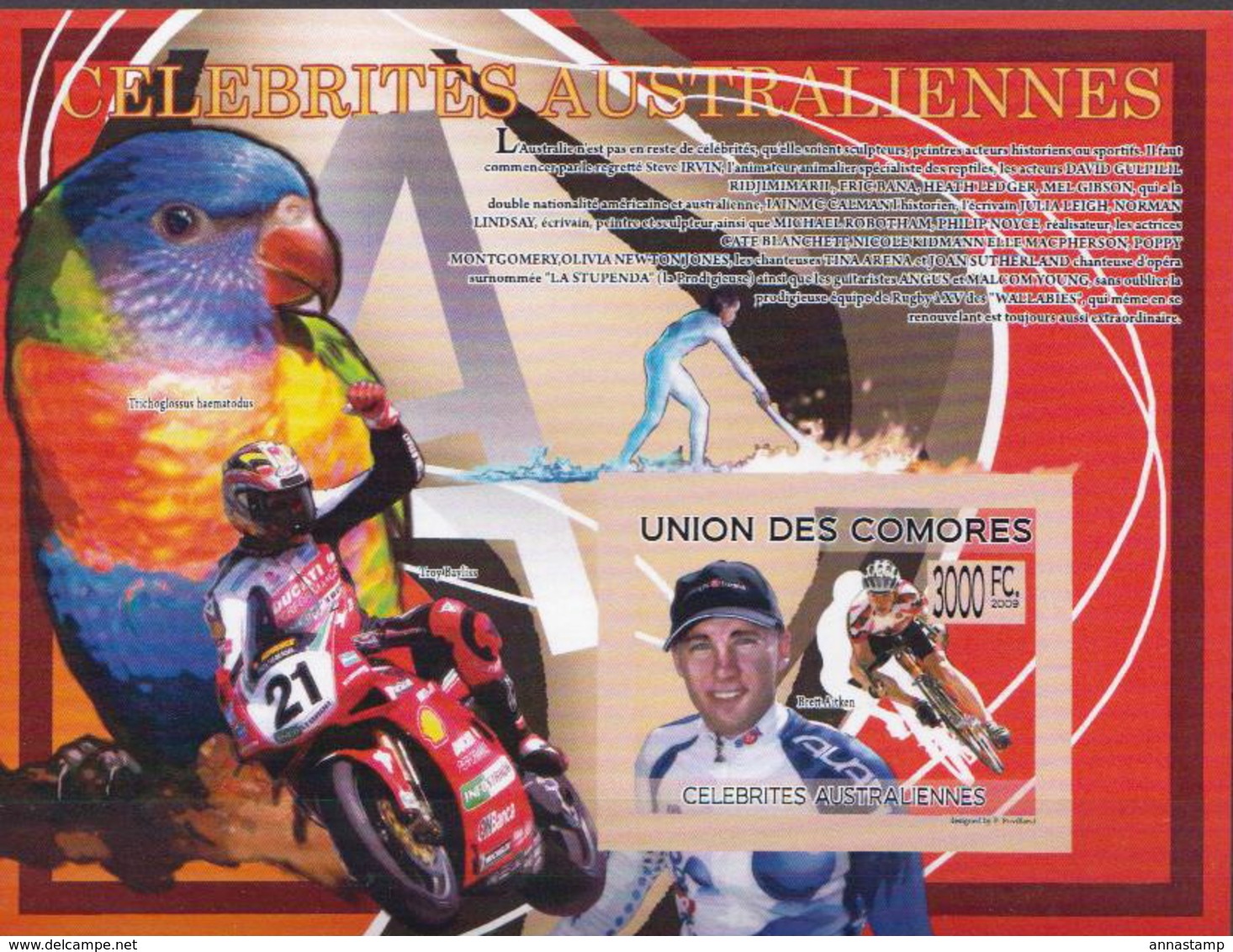 Comores MNH Famous Australians, Brett Aitken Imperforated SS - Ciclismo