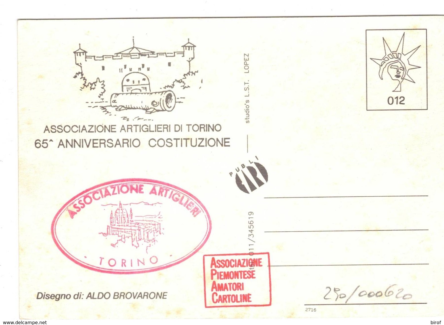 ASSOCIAZIONE ARTIGLIERI DI TORINO -65° ANNIV. DISEGNO DI ALDO BROVARONE - (TO) - - Collections & Lots