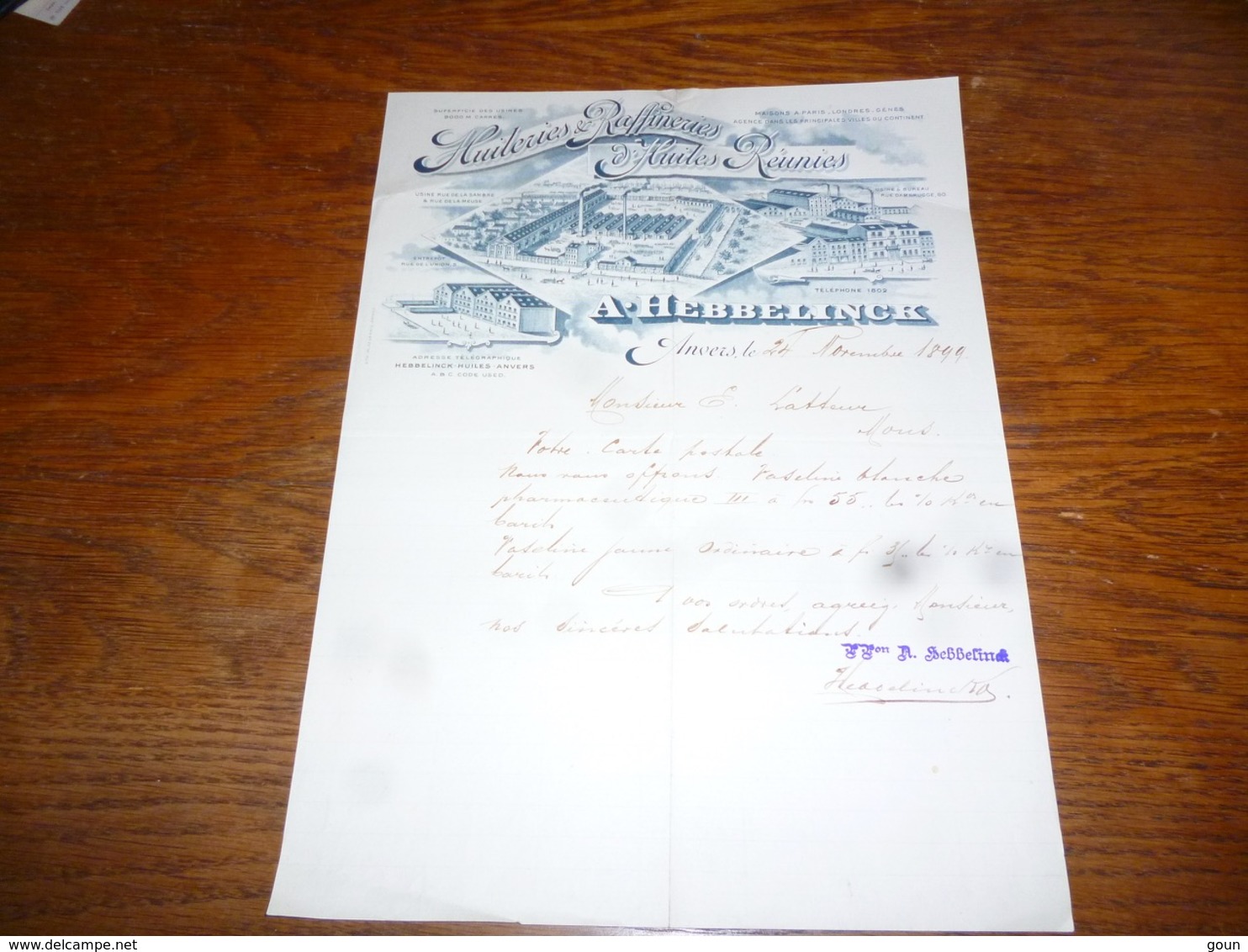 Document Commercial Facture A Hebbelinck Huileries & Raffineries 1899 Lithographie - 1900 – 1949