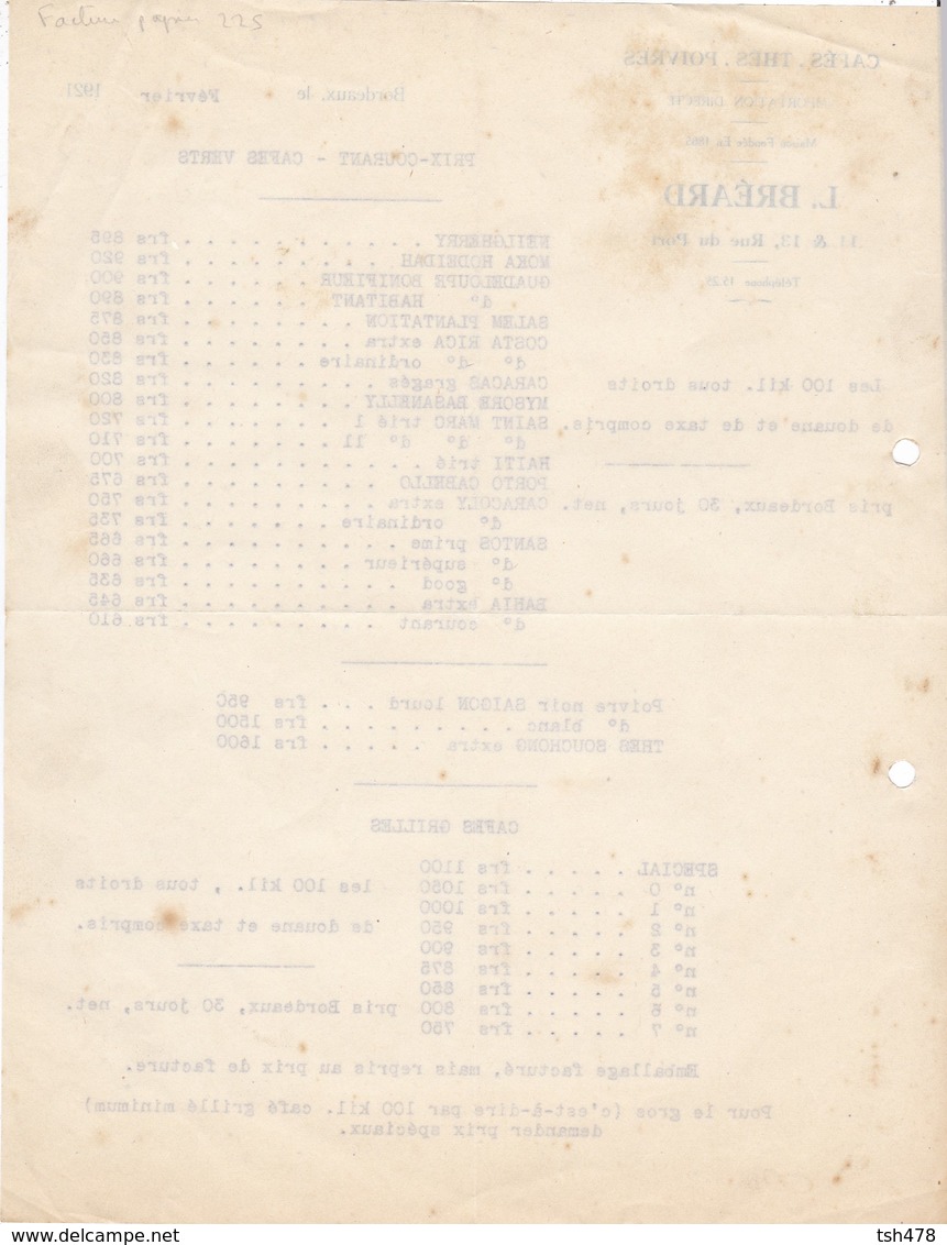 FACTURE TARIF-- 33---BORDEAUX    L. BREARD  11 & 13 Rue Du Port---cafés-thés-poivres--prix-courant 1921 - 1900 – 1949