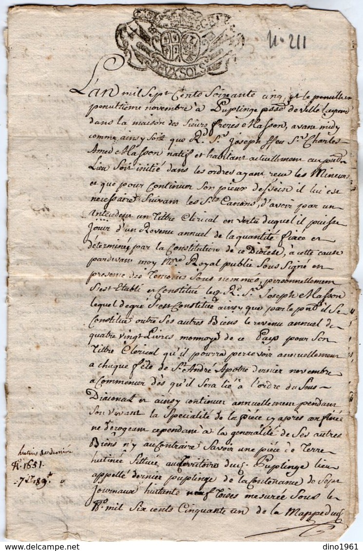 VP14.179 - PUPLINGE - Acte De 1765 - Titre Clérical Du Sr Joseph MASSON - Manuscripts