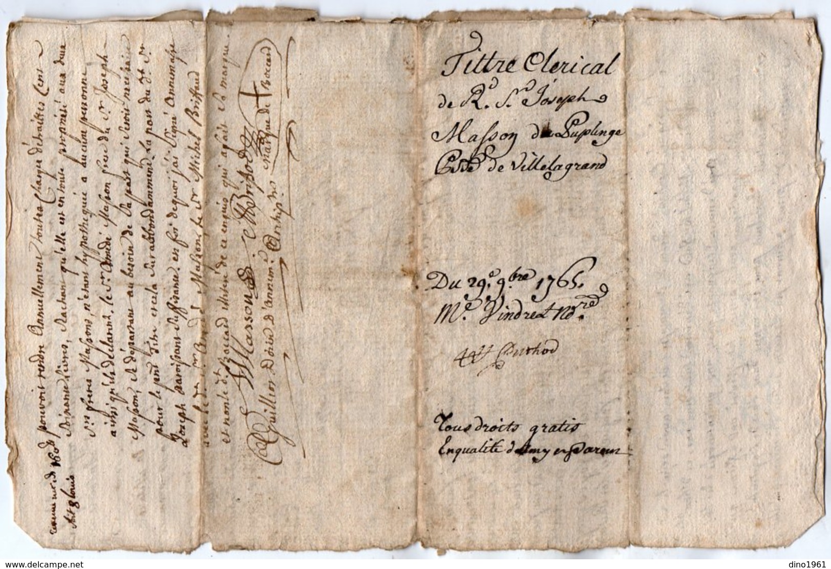 VP14.179 - PUPLINGE - Acte De 1765 - Titre Clérical Du Sr Joseph MASSON - Manuscrits