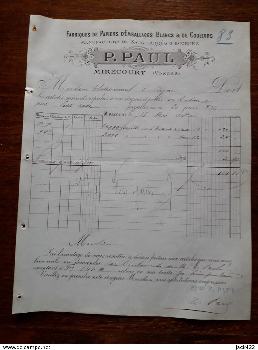 Ancienne Facture. Fabrique De Papiers D'emballages. P.Paul. Mirecourt (Vosges). 1894 - Agriculture