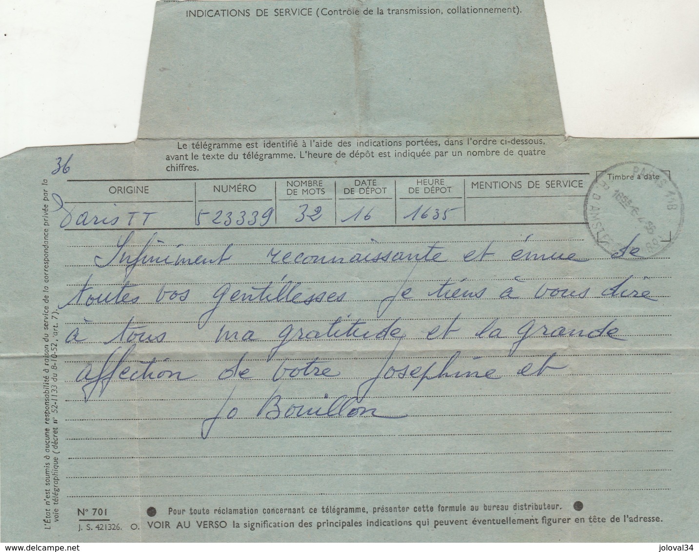 Télégramme De Joséphine ( Baker ) Et Jo Bouillon Adressé Au Casino De Paris Cachet Paris 118, Rue D'Amsterdam 16/4/1956 - Other & Unclassified