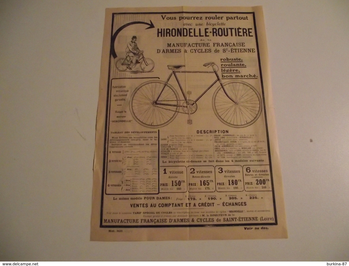 CYCLES, Hirondelle Routiere ,  Feuillet Publicitaire - Publicités