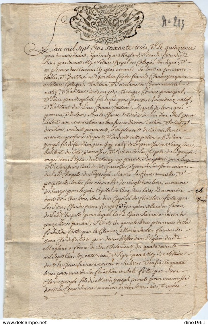 VP14.181 - MAGLAND - Acte 1763 - Rentre Constituée Par Sr Joseph GUY Curé .....contre J. JACQUIER De TANINGES - Manuscrits