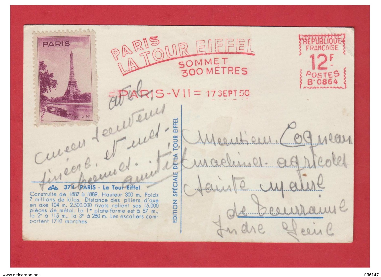 FRANCE -- TOUR EIFFEL -- AFFARNCHISSEMENT MECANIQUE -- 1950 -- + VIGNETTE-- CP AVEC PLI D'ANGLE-- - Freistempel