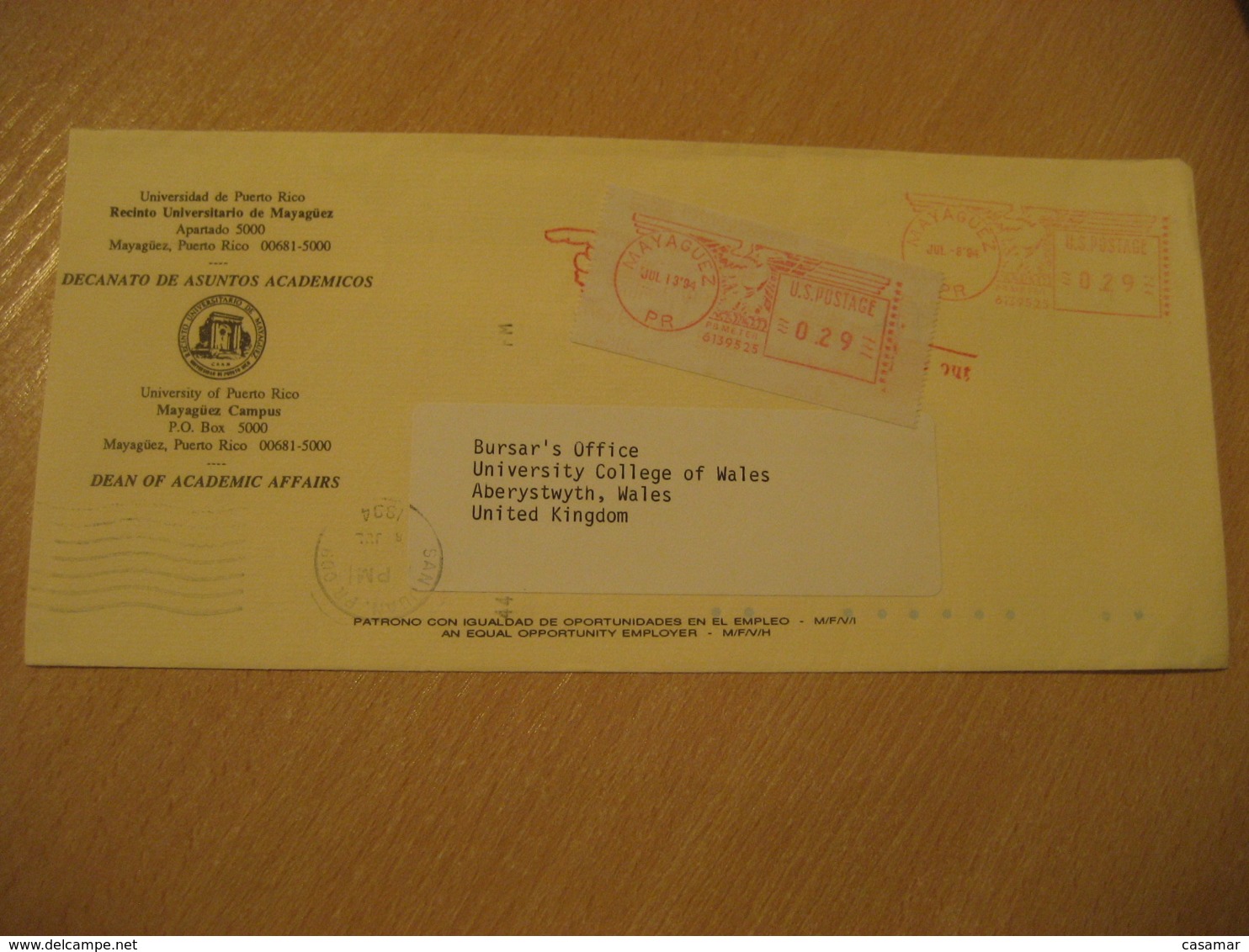 MAYAGUEZ 1994 To Aberystwyth Wales University Cancel Meter Mail Cover USA PUERTO RICO - Other & Unclassified