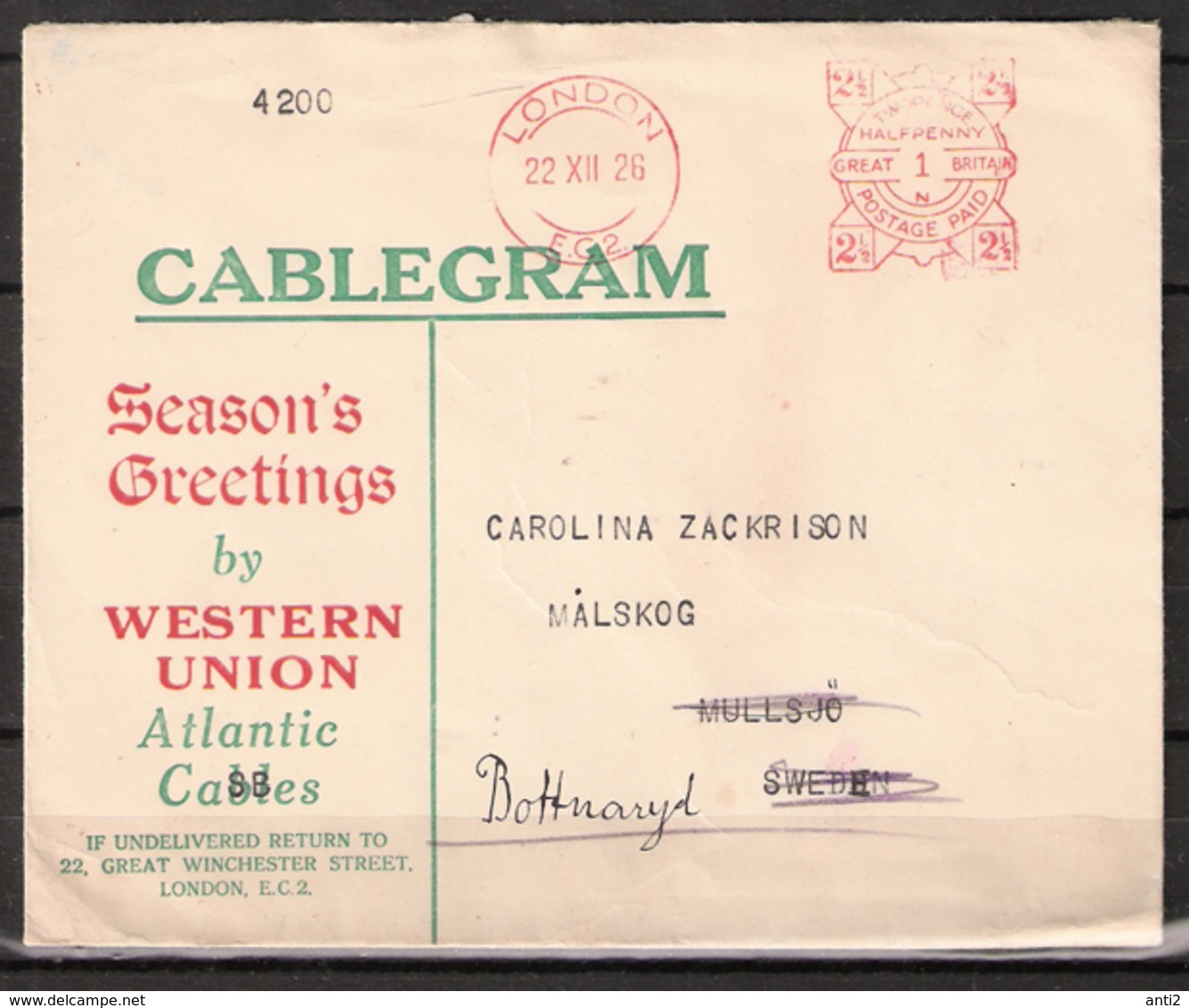 Great Britain 1926 Cablegram With Seasons Greetings, Cancelled With Printed Stamp Postage Paid London XII 26 - Lettres & Documents