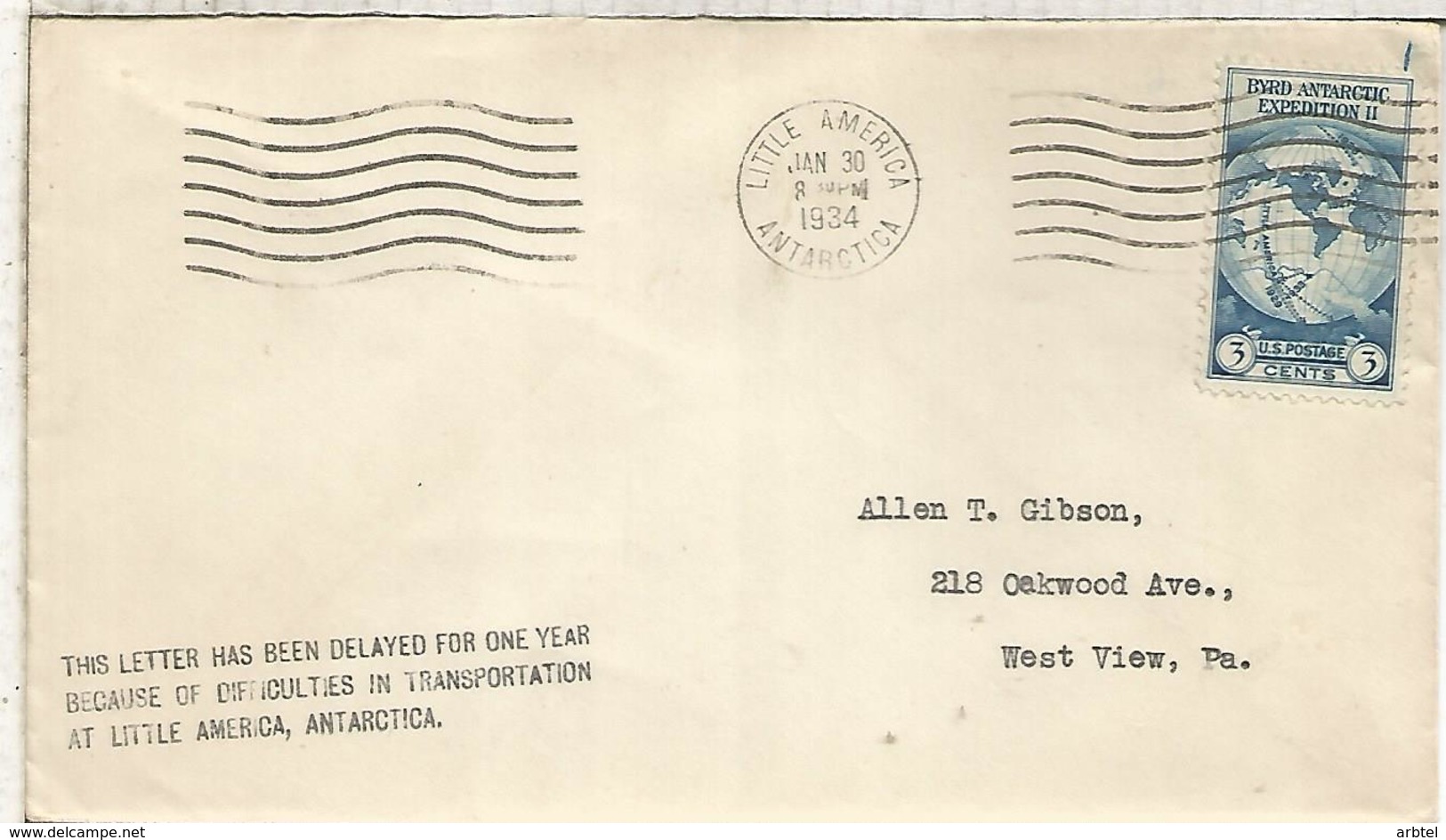 USA 1934 BYRD ANTARCTIC EXPEDITION LITTLE AMERICA POSTMAR WITH VERY RARE DATE 30 JAN 1934 INSTEAD USUAL 31 JAN - Expediciones Antárticas