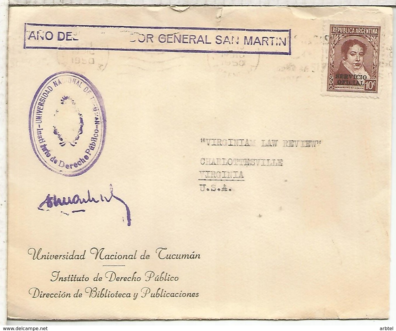 ARGENTINA CC CORREO OFICIAL UNIVERSIDAD NACIONAL DE TUCUMAN A USA 1950 - Cartas & Documentos