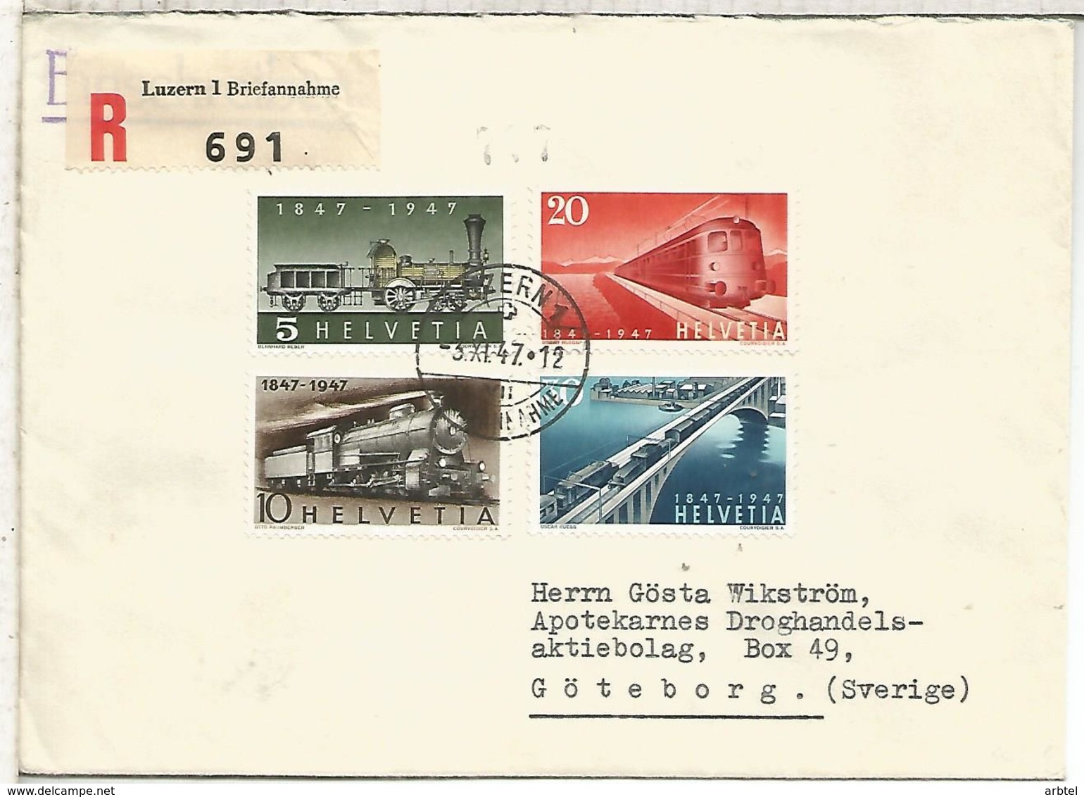 SWITZERLAND REGISTERED COVER TO SWEDEN RAILWAY CENTENNARY FERROCARRIL - Trenes