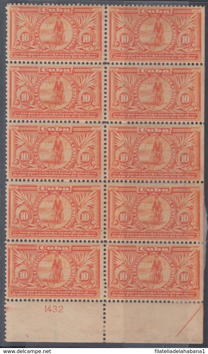 1902-122 CUBA REPUBLICA. 1902. 10c SPECIAL DELIVERY BYCICLE CYCLE MNH PLATE NUMBER BLOCK10. - Neufs