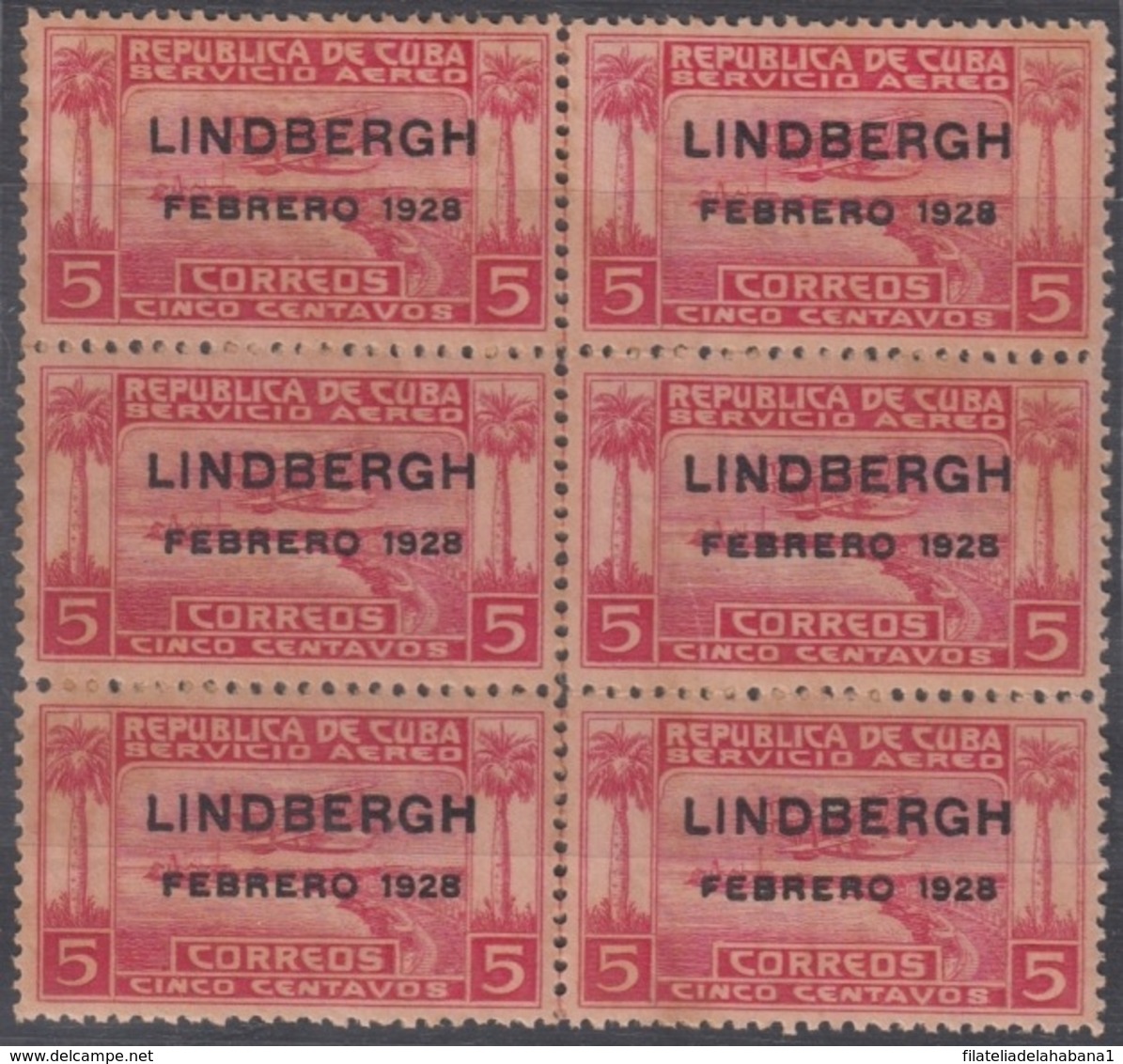 1928-124 CUBA REPUBLICA. 1928. 5c CHARLES LINDBERGHT. GOMA ORIGINAL. BLOCK 6. - Ongebruikt