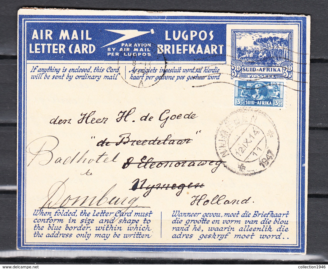 South Africa 1947,2V On Airmail Letter Card To Holland, Cancel Nijmegen(C364) - Brieven En Documenten