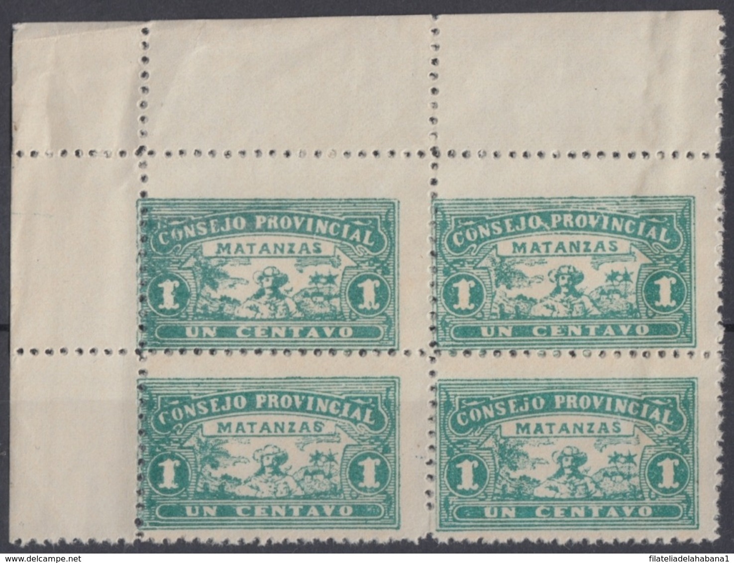 LOC-75 CUBA REPUBLICA. 1903. LOCAL REVENUE MATANZAS. 1c PERFORATED ERROR BLOCK 4. ORIGINAL GUM. - Portomarken