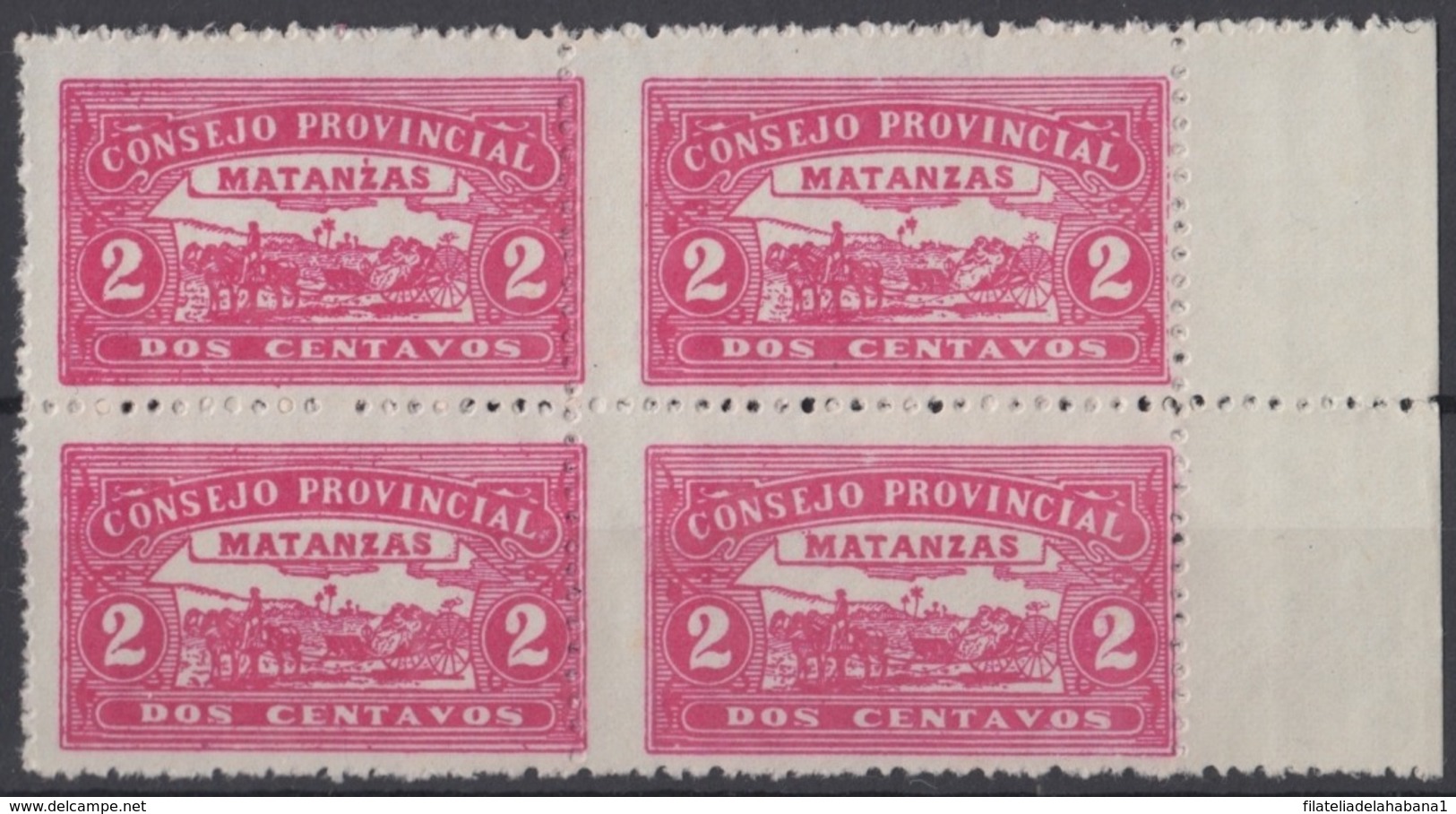 LOC-81 CUBA REPUBLICA. 1903. LOCAL REVENUE MATANZAS. 2c PERFORATED BLOCK 4. ORIGINAL GUM. - Timbres-taxe