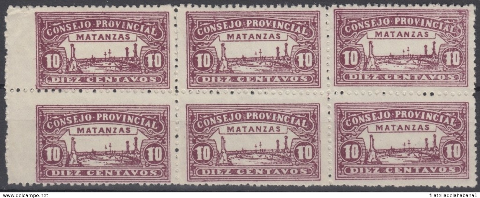 LOC-89 CUBA REPUBLICA. 1903. LOCAL REVENUE MATANZAS. 10c PERFORATED BLOCK 6. NO GUM. - Timbres-taxe