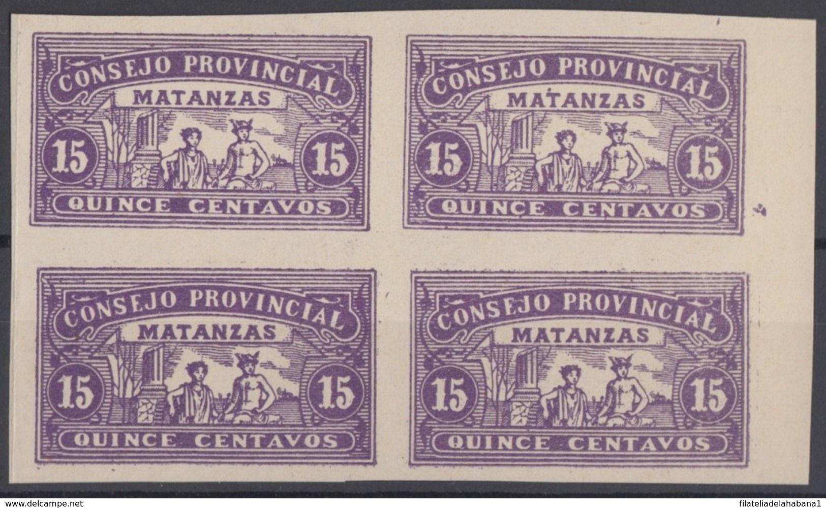 LOC-90 CUBA REPUBLICA. 1903. LOCAL REVENUE MATANZAS. 15c IMPERFORATED BLOCK 4. NO GUM. - Impuestos