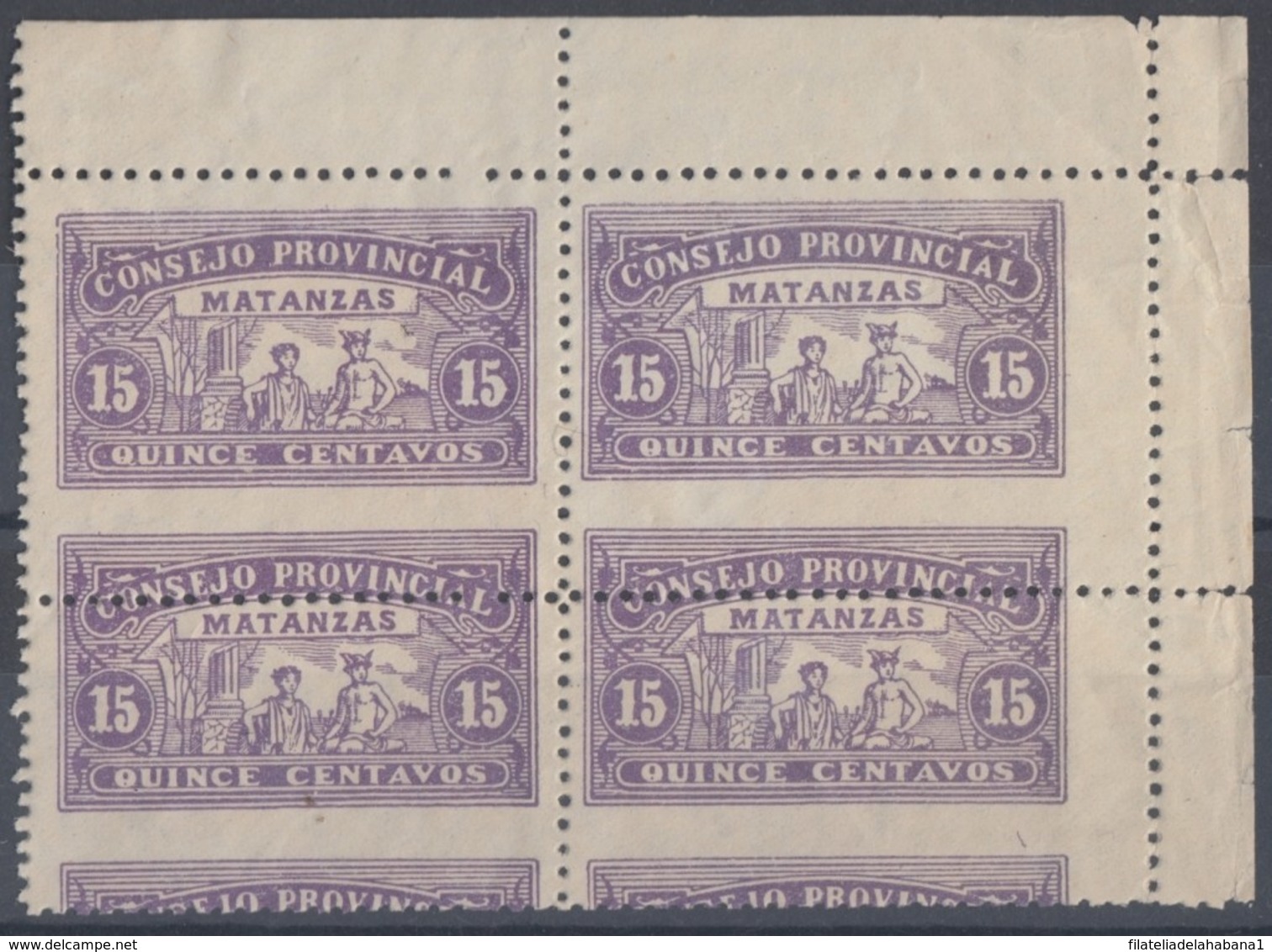 LOC-92 CUBA REPUBLICA. 1903. LOCAL REVENUE MATANZAS. 15c PERFORATED ERROR BLOCK 4. ORIGINAL GUM. - Timbres-taxe