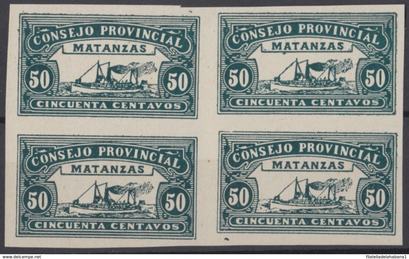 LOC-98 CUBA REPUBLICA. 1903. LOCAL REVENUE MATANZAS. 50c IMPERFORATED BLOCK 4. NO GUM. - Portomarken