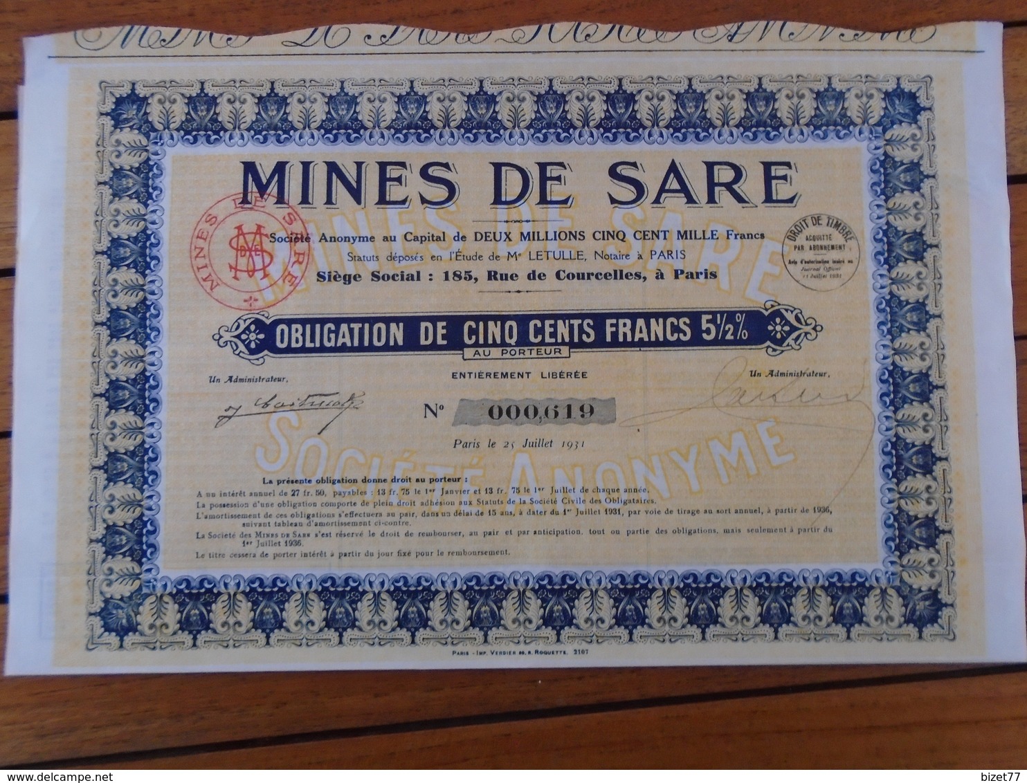 NOUVEAU - MINES - FRANCE - PAYS BASQUES - MINES DE SARE - OBLIGATION DE 500 FRS 5 1/2% - PARIS 1931 - Other & Unclassified