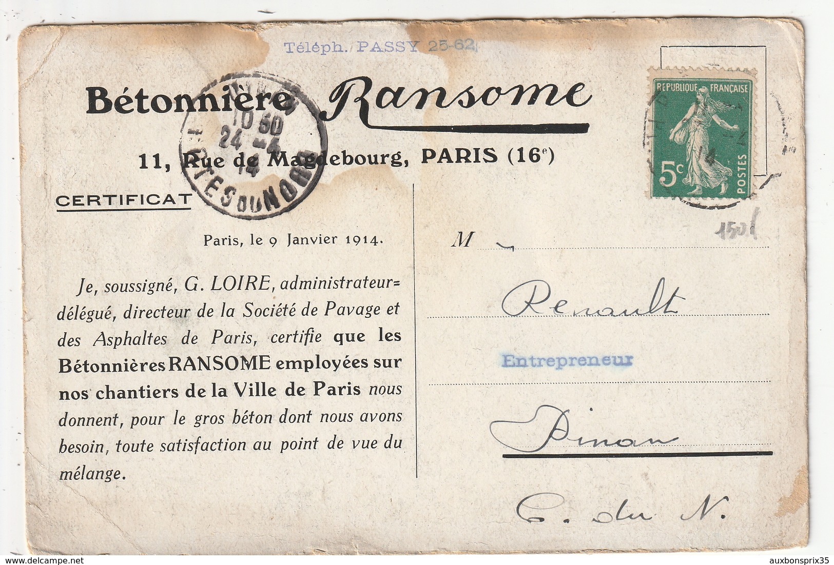 CARTE PUBLICITAIRE - PARIS - BETONNIERE RANSOME - 11 RUE DE MAGDEBOURG - 75 - Sonstige & Ohne Zuordnung