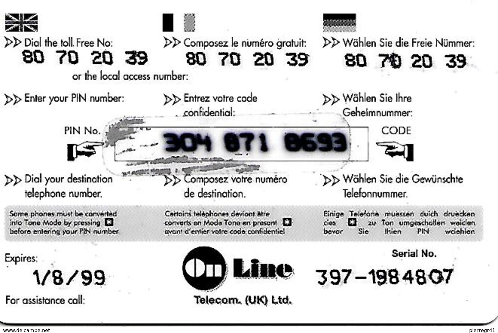 CARTE+-PREPAYEE-ONE LINE-GB-120U-1/8/99-GLOBE-Plastic Epais-TBE - Autres & Non Classés
