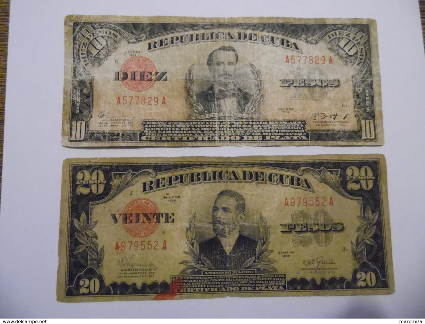 Cuba Kuba Куба 10 Pesos 1943 + 20 Pesos 1945 Very Heavily Used Preservation !!! - Cuba