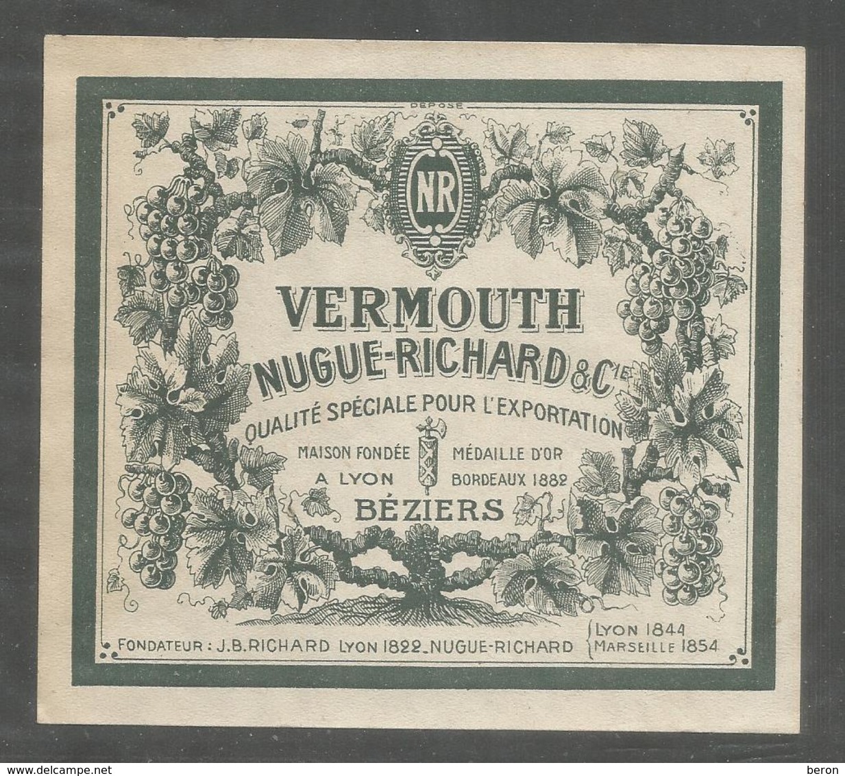 Etiquette 11,5 / 10,5 Cm : Vermouth - Nugue Richars & Cie Béziers - Autres & Non Classés