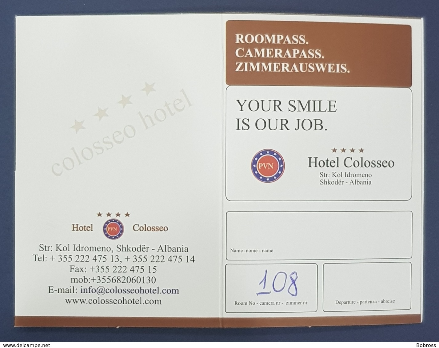 Roompass, Zimmerausweis, Hotel Colosseo, Shkodër, Scutari, Albania - Tourism Brochures