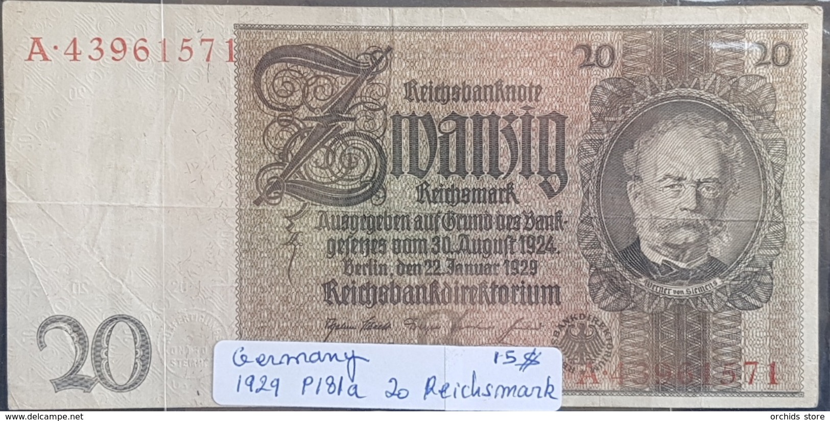 EBN1 - Germany 1929 Banknote 20 Reichsmark Pick #181a A.43961571 - 20 Mark